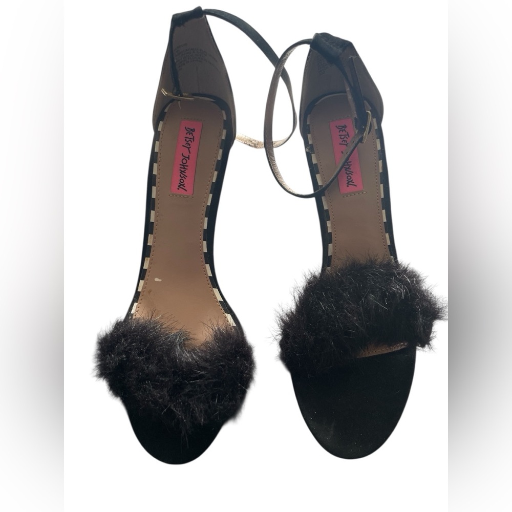 Betsey Johnson Black Fur-Trim Ankle Strap Heels